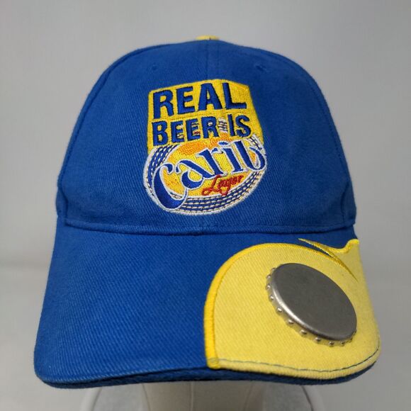 Real Beer Is Carib Lager Strapback Hat Blue One Size Embroidered Bottle Opener - Picture 2 of 8